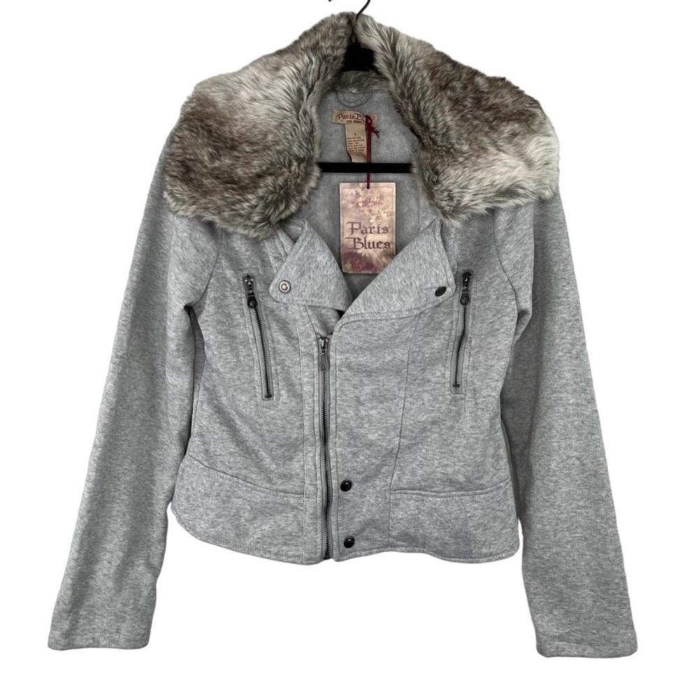 Paris Blues Gray Fleece Jacket with Removable Faux Fur Collar Size Large NWT